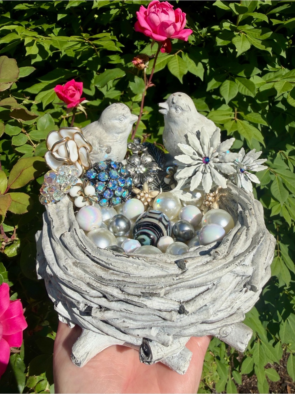 Handmade Cottagecore Bird Nest Sculpture with Handblown Glass Egg